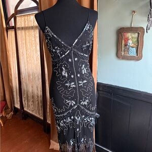Vtg y2k Adrianna Papell Beaded Black Spaghetti-Strap Evening Dress